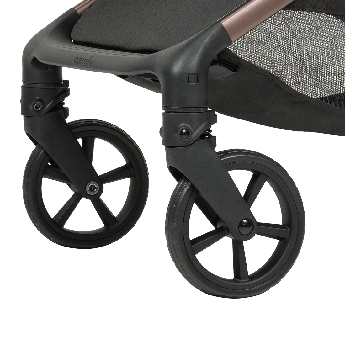 Cochecito Atom M 2025 Ruedas delanteras giratorias con bloqueo.