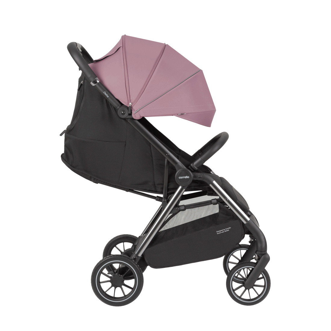 Прогулочная коляска Delta ANIM Для складывания коляски достаточно всего одной руки. Коляска складывается автоматически и сохраняет вертикальное положение, не касаясь текстилем поверхности, на которой стоит. Блокируется от случайного складывания и расклады