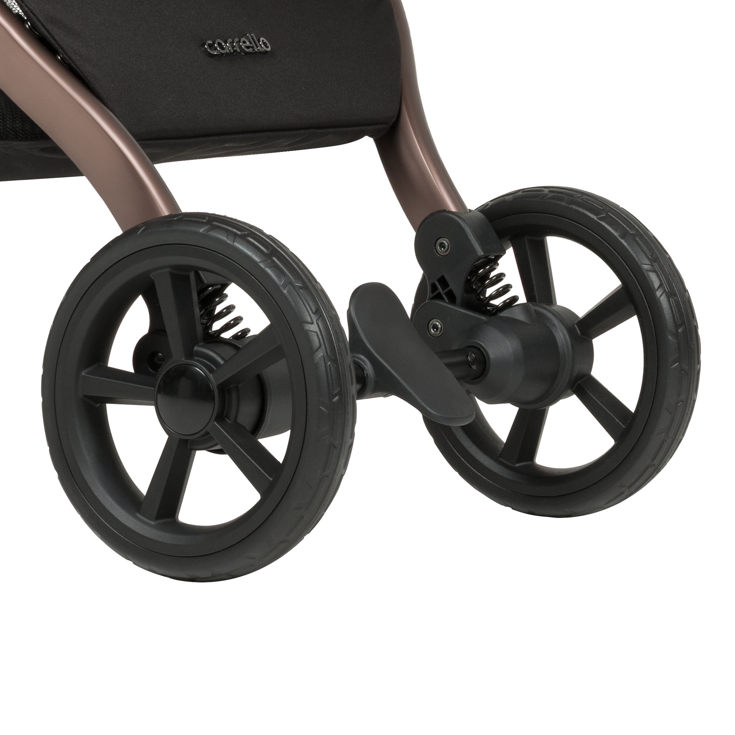 El cochecito Atom M 2025 es amortiguación de choque en todas las ruedas.